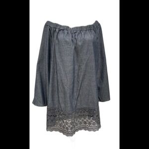 NWT Unique Spectrum Chambray Peasant Crochet Hem Blouse Shirt  Bell Sleeve Sz 1X